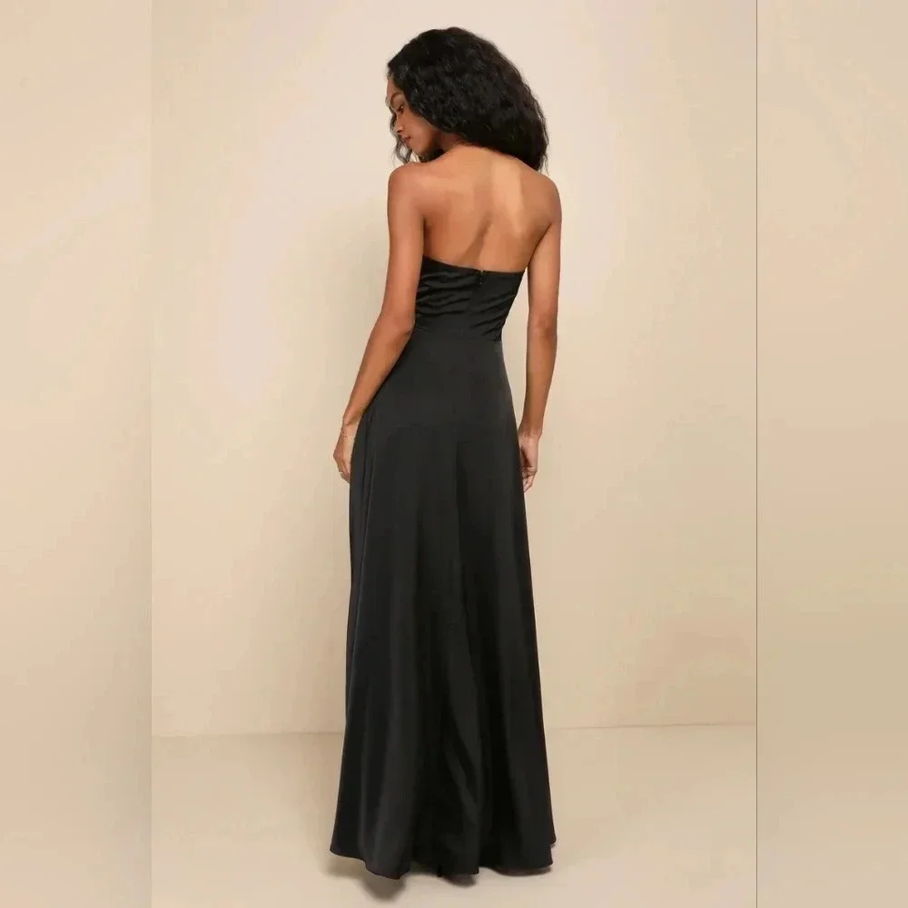 Lulu's Upscale Poise Black Satin Bow Strapless Maxi Dress Wedding Party Guest - Picture 5 of 12